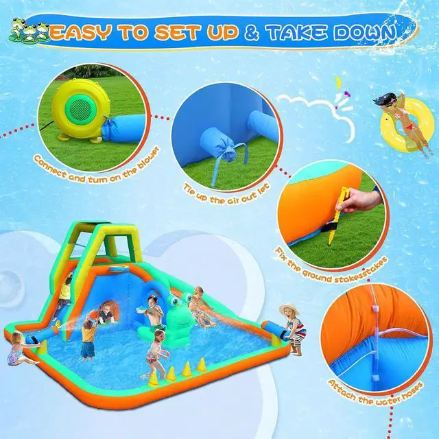 Alt view image 7 of 7 - Inflatable Water Slide, Frog Design 8-in-1 Kids Water Park, with Climbing Wall, Blower Included, Backyard Summer Toy for Ages 3-8, Blue & Green