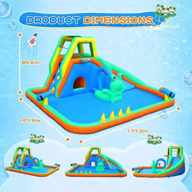 Alt view image 6 of 7 - Inflatable Water Slide, Frog Design 8-in-1 Kids Water Park, with Climbing Wall, Blower Included, Backyard Summer Toy for Ages 3-8, Blue & Green