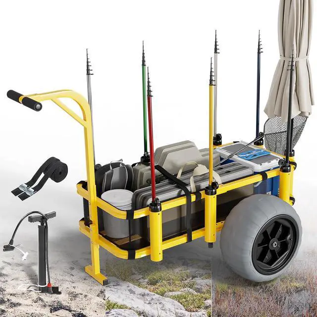 Main image of Beach Fishing Cart, Beach Wagon Trolley with 16" Big Balloon Wheels for Sand, Foldable Trailer with Large Cargo Deck, 400 lbs Load Capacity, 8 Fishing Rods Holders, Mesh Bag, Hand Pump