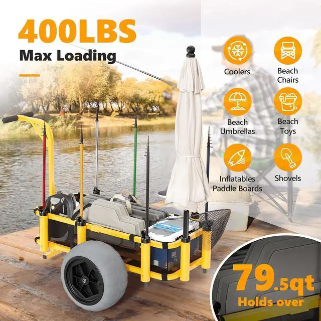 Alt view image 2 of 7 - Beach Fishing Cart, Beach Wagon Trolley with 16" Big Balloon Wheels for Sand, Foldable Trailer with Large Cargo Deck, 400 lbs Load Capacity, 8 Fishing Rods Holders, Mesh Bag, Hand Pump