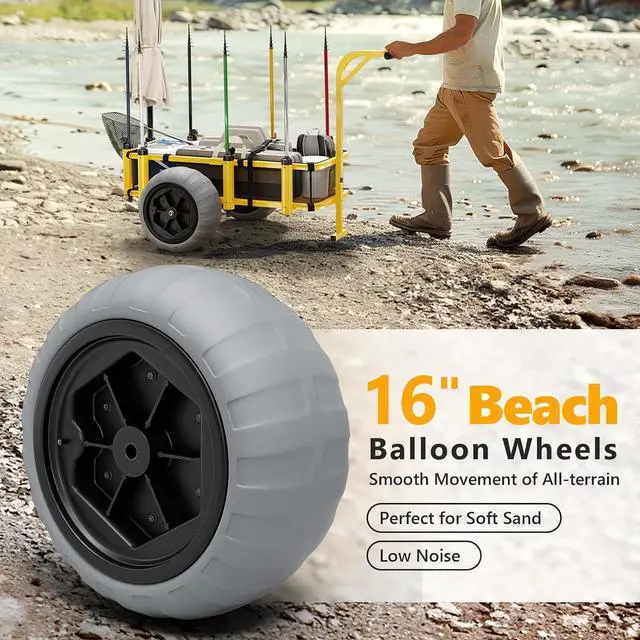 Alt view image 3 of 7 - Beach Fishing Cart, Beach Wagon Trolley with 16" Big Balloon Wheels for Sand, Foldable Trailer with Large Cargo Deck, 400 lbs Load Capacity, 8 Fishing Rods Holders, Mesh Bag, Hand Pump