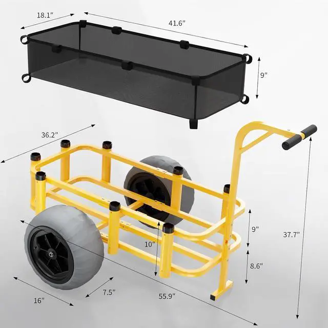 Alt view image 7 of 7 - Beach Fishing Cart, Beach Wagon Trolley with 16" Big Balloon Wheels for Sand, Foldable Trailer with Large Cargo Deck, 400 lbs Load Capacity, 8 Fishing Rods Holders, Mesh Bag, Hand Pump