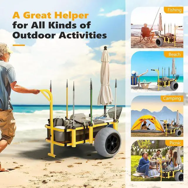 Alt view image 6 of 7 - Beach Fishing Cart, Beach Wagon Trolley with 16" Big Balloon Wheels for Sand, Foldable Trailer with Large Cargo Deck, 400 lbs Load Capacity, 8 Fishing Rods Holders, Mesh Bag, Hand Pump