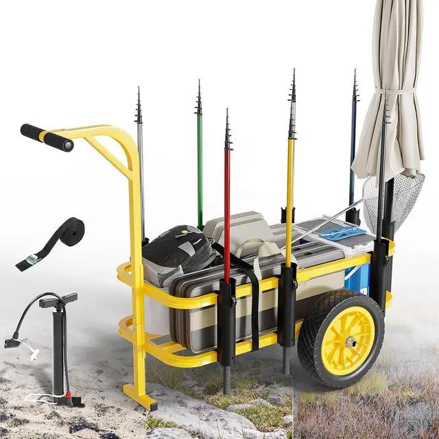 Main image of Beach Fishing Cart, Beach Wagon Trolley with 12" Big No-Flat Airless Tires, Foldable Beach Trailer with Large 36" x 16" Cargo Basket, 250 lbs Load Capacity, 7 Fishing Rods Holder