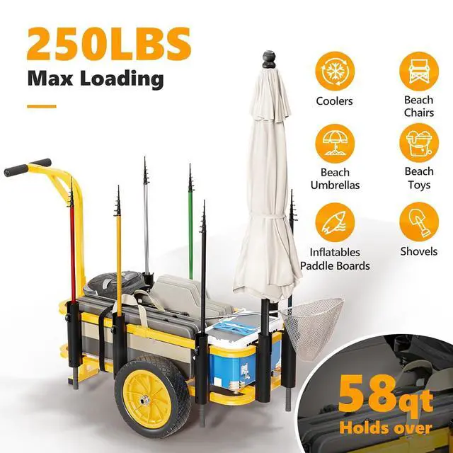 Alt view image 3 of 7 - Beach Fishing Cart, Beach Wagon Trolley with 12" Big No-Flat Airless Tires, Foldable Beach Trailer with Large 36" x 16" Cargo Basket, 250 lbs Load Capacity, 7 Fishing Rods Holder