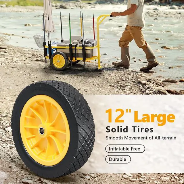 Alt view image 2 of 7 - Beach Fishing Cart, Beach Wagon Trolley with 12" Big No-Flat Airless Tires, Foldable Beach Trailer with Large 36" x 16" Cargo Basket, 250 lbs Load Capacity, 7 Fishing Rods Holder
