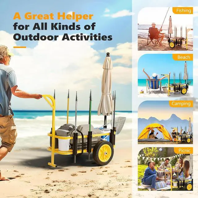 Alt view image 4 of 7 - Beach Fishing Cart, Beach Wagon Trolley with 12" Big No-Flat Airless Tires, Foldable Beach Trailer with Large 36" x 16" Cargo Basket, 250 lbs Load Capacity, 7 Fishing Rods Holder