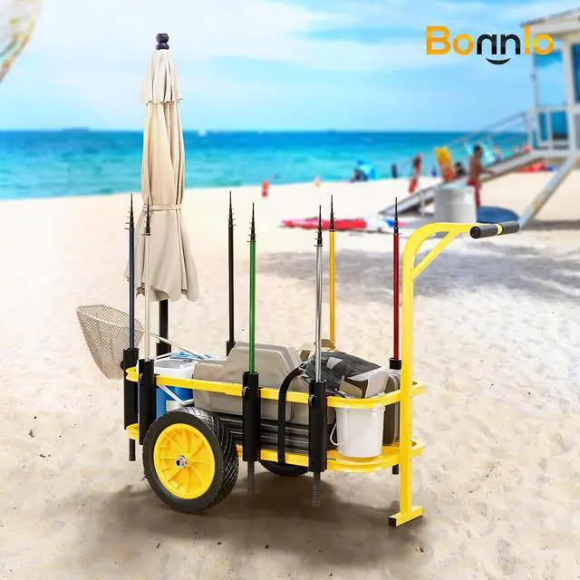 Alt view image 5 of 7 - Beach Fishing Cart, Beach Wagon Trolley with 12" Big No-Flat Airless Tires, Foldable Beach Trailer with Large 36" x 16" Cargo Basket, 250 lbs Load Capacity, 7 Fishing Rods Holder
