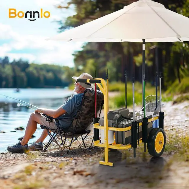 Alt view image 7 of 7 - Beach Fishing Cart, Beach Wagon Trolley with 12" Big No-Flat Airless Tires, Foldable Beach Trailer with Large 36" x 16" Cargo Basket, 250 lbs Load Capacity, 7 Fishing Rods Holder