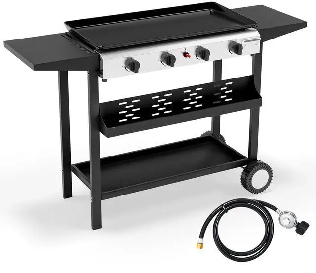 Main image of 4 Burner Portable Propane Griddle, 40,000BTU Gas Grill with Enameled Tray, Rolling Flat Top Grill with Electronic Ignition, Side Shelve & Regulator, Ideal for Outdoor Patio Cooking BBQ