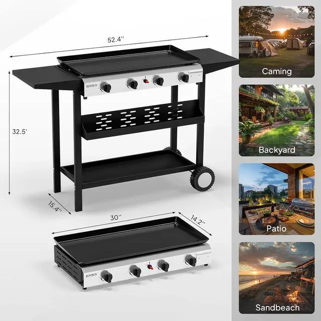 Alt view image 6 of 7 - 4 Burner Portable Propane Griddle, 40,000BTU Gas Grill with Enameled Tray, Rolling Flat Top Grill with Electronic Ignition, Side Shelve & Regulator, Ideal for Outdoor Patio Cooking BBQ
