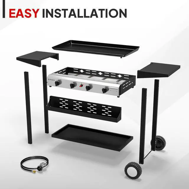 Alt view image 5 of 7 - 4 Burner Portable Propane Griddle, 40,000BTU Gas Grill with Enameled Tray, Rolling Flat Top Grill with Electronic Ignition, Side Shelve & Regulator, Ideal for Outdoor Patio Cooking BBQ