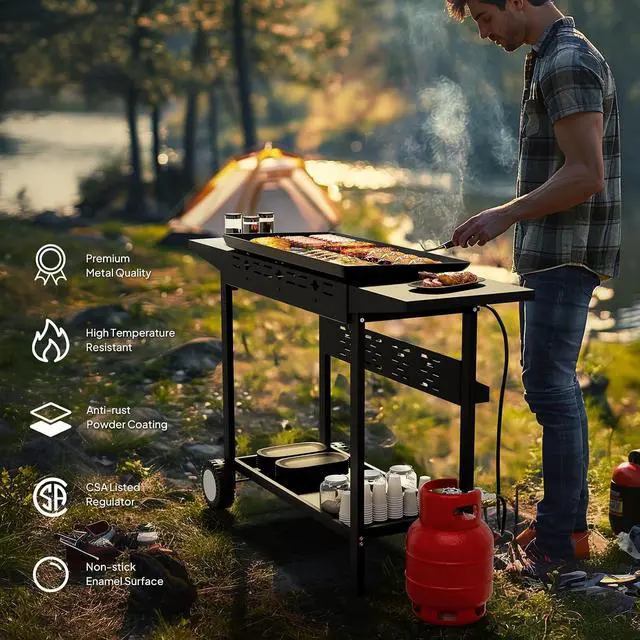 Alt view image 7 of 7 - 4 Burner Portable Propane Griddle, 40,000BTU Gas Grill with Enameled Tray, Rolling Flat Top Grill with Electronic Ignition, Side Shelve & Regulator, Ideal for Outdoor Patio Cooking BBQ
