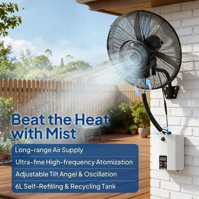 Alt view image 2 of 7 - 26-inch Wall Mount Mist Fan with Water Tank, 4-speed High Velocity Industrial Wall Misting Fan with BLDC Motor, Waterproof Outdoor Wall Oscillating Fan, Patio, Greenhouse, Commercial UL Listed