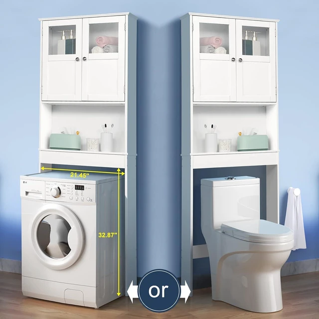 Alt view image 3 of 7 - Over the Toilet Storage Cabinet with Adjustable Shelf White Bathroom Floor Organizer Space Saver with Double Doors, 67" Height