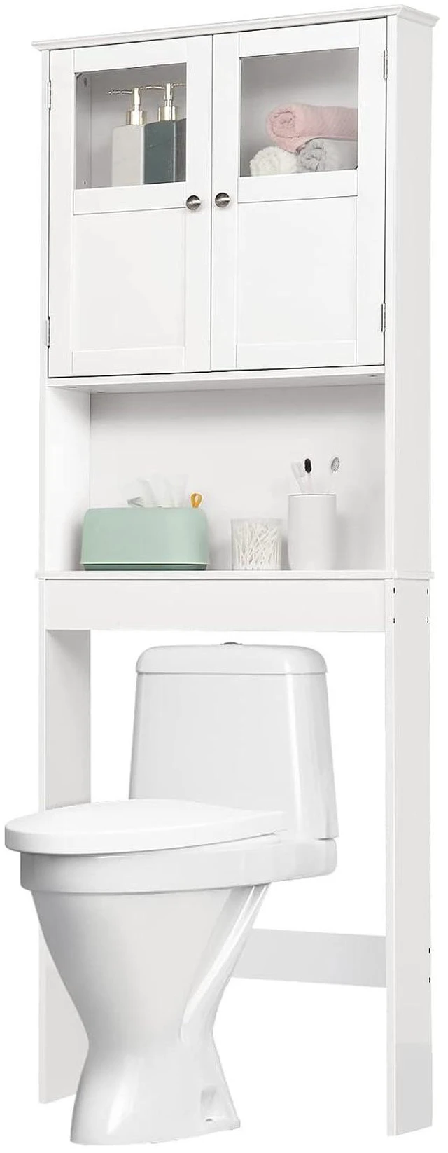 Alt view image 6 of 7 - Over the Toilet Storage Cabinet with Adjustable Shelf White Bathroom Floor Organizer Space Saver with Double Doors, 67" Height