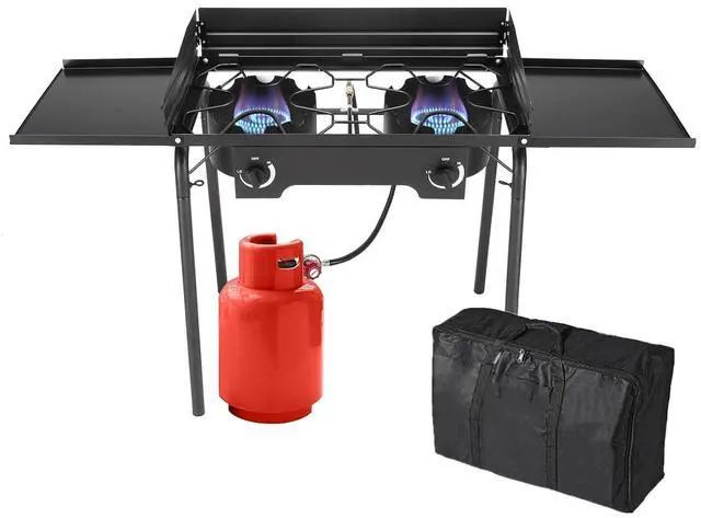 Main image of 2 Burners Propane Gas Stove, 150,000 BTU Portable Outdoor Camp Cooker Stove with Regulator, Side Shelves, Foldable Windpanel, Adjustable Height & Carrying Bag for Backyard, Camping, Tailgating