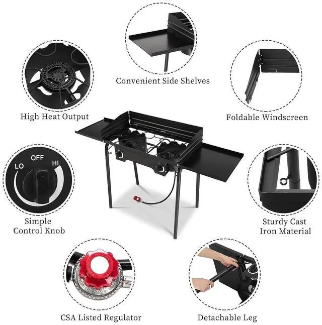 Alt view image 2 of 7 - 2 Burners Propane Gas Stove, 150,000 BTU Portable Outdoor Camp Cooker Stove with Regulator, Side Shelves, Foldable Windpanel, Adjustable Height & Carrying Bag for Backyard, Camping, Tailgating