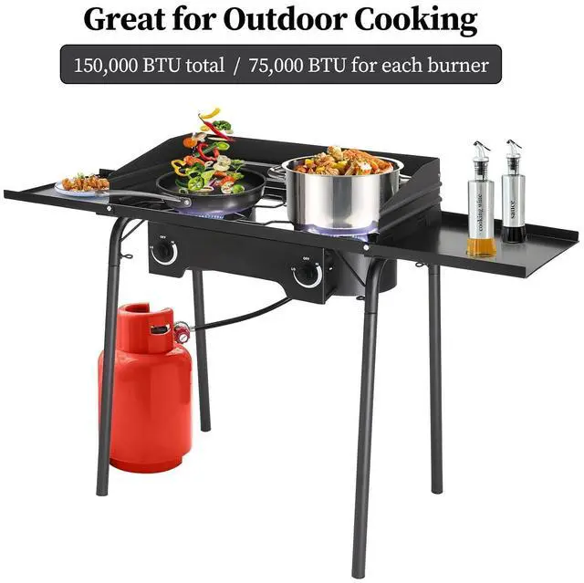 Alt view image 3 of 7 - 2 Burners Propane Gas Stove, 150,000 BTU Portable Outdoor Camp Cooker Stove with Regulator, Side Shelves, Foldable Windpanel, Adjustable Height & Carrying Bag for Backyard, Camping, Tailgating