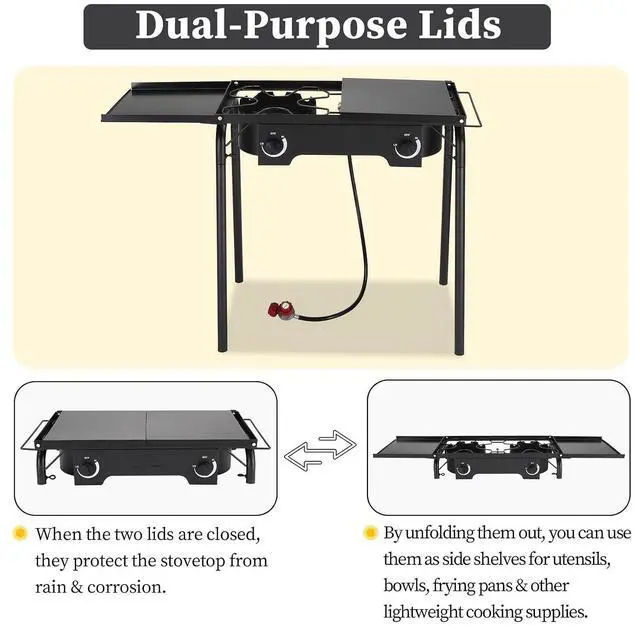Alt view image 4 of 7 - 2 Burners Propane Gas Stove, 150,000 BTU Portable Outdoor Camp Cooker Stove with Regulator, Side Shelves, Foldable Windpanel, Adjustable Height & Carrying Bag for Backyard, Camping, Tailgating