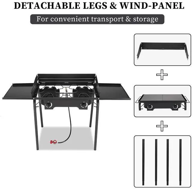 Alt view image 6 of 7 - 2 Burners Propane Gas Stove, 150,000 BTU Portable Outdoor Camp Cooker Stove with Regulator, Side Shelves, Foldable Windpanel, Adjustable Height & Carrying Bag for Backyard, Camping, Tailgating