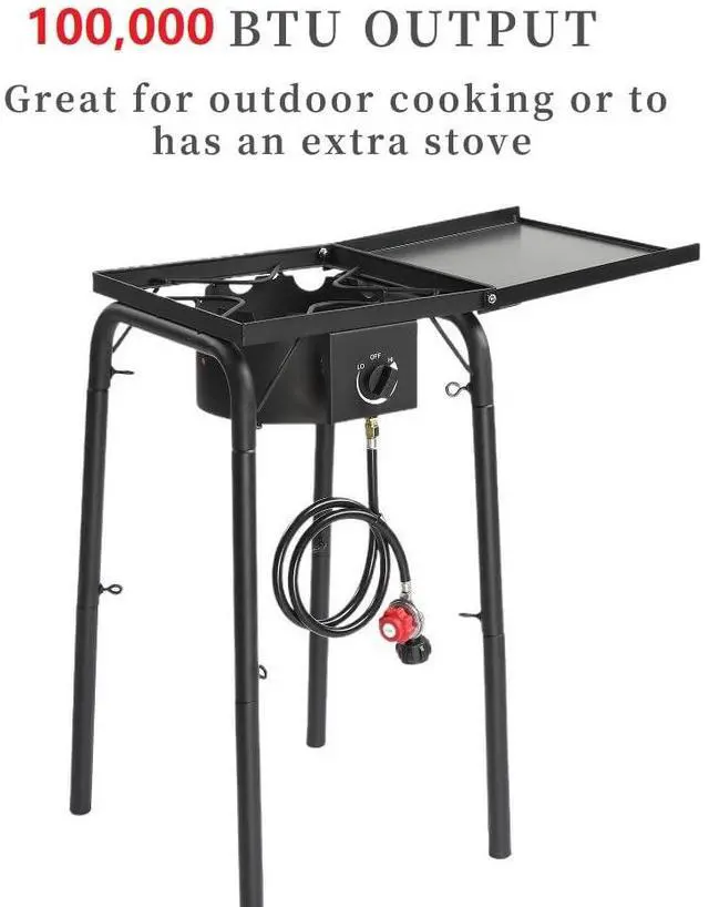 Alt view image 3 of 7 - Single Burner Gas Stove Propane Stove, 100,000 BTU High Power Portable Outdoor Camp Cooker Stove with Regulator, Adjustable Height & Side Shelf for Backyard, Camping, Tailgating