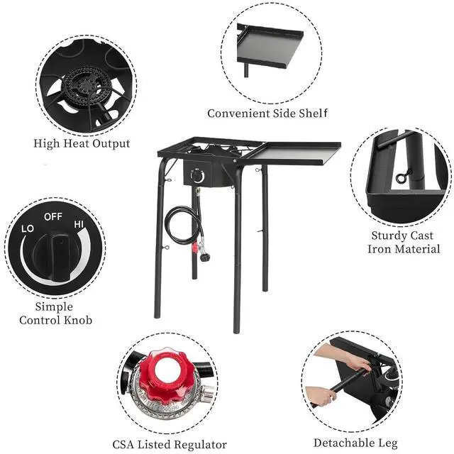 Alt view image 2 of 7 - Single Burner Gas Stove Propane Stove, 100,000 BTU High Power Portable Outdoor Camp Cooker Stove with Regulator, Adjustable Height & Side Shelf for Backyard, Camping, Tailgating
