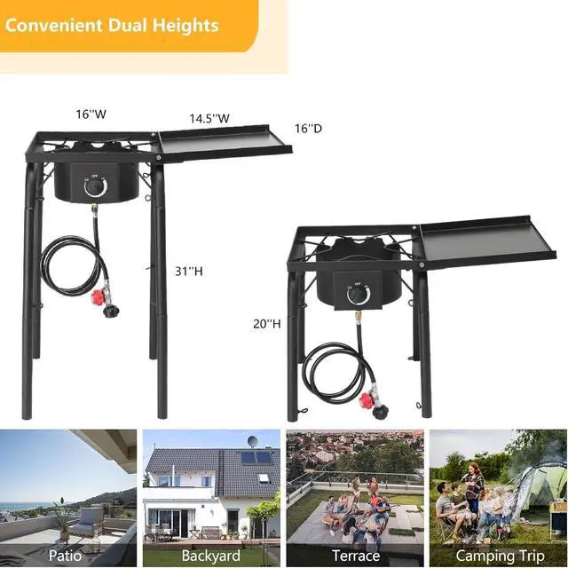 Alt view image 5 of 7 - Single Burner Gas Stove Propane Stove, 100,000 BTU High Power Portable Outdoor Camp Cooker Stove with Regulator, Adjustable Height & Side Shelf for Backyard, Camping, Tailgating