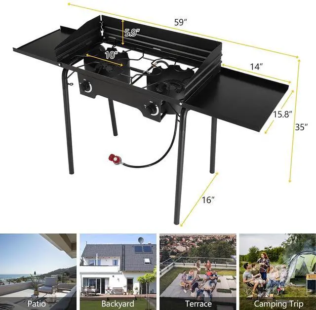 Alt view image 5 of 7 - 2 Burners Propane Gas Stove, 150,000 BTU Portable Outdoor Camp Cooker Stove with Regulator, Side Shelves, Foldable Windpanel, Adjustable Height & Carrying Bag for Backyard, Camping, Tailgating