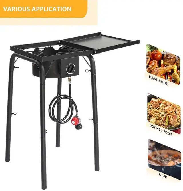 Alt view image 4 of 7 - Single Burner Gas Stove Propane Stove, 100,000 BTU High Power Portable Outdoor Camp Cooker Stove with Regulator, Adjustable Height & Side Shelf for Backyard, Camping, Tailgating