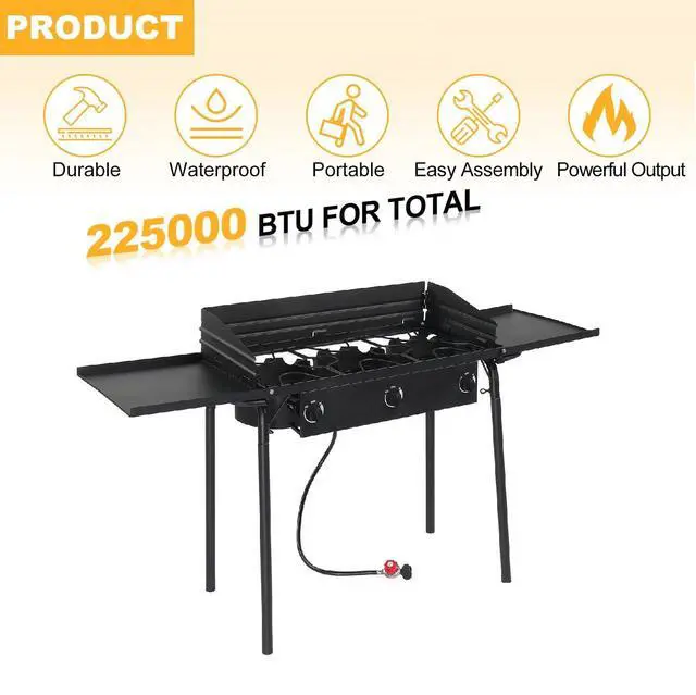 Alt view image 3 of 7 - 3 Burners Propane Gas Stove, 225,000 BTU Portable Outdoor Camp Cooker Stove with Regulator, Side Shelves, Foldable Windpanel, Adjustable Height & Carrying Bag for Backyard, Camping, Tailgating