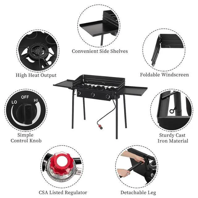 Alt view image 2 of 7 - 3 Burners Propane Gas Stove, 225,000 BTU Portable Outdoor Camp Cooker Stove with Regulator, Side Shelves, Foldable Windpanel, Adjustable Height & Carrying Bag for Backyard, Camping, Tailgating