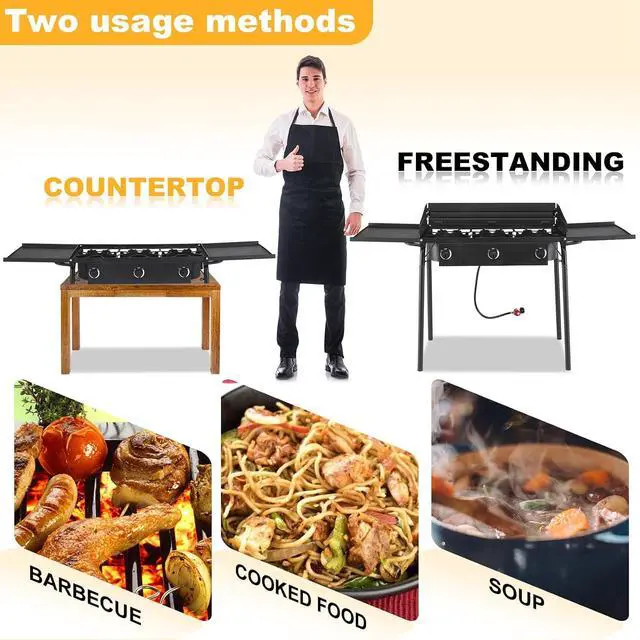 Alt view image 4 of 7 - 3 Burners Propane Gas Stove, 225,000 BTU Portable Outdoor Camp Cooker Stove with Regulator, Side Shelves, Foldable Windpanel, Adjustable Height & Carrying Bag for Backyard, Camping, Tailgating