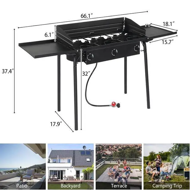 Alt view image 5 of 7 - 3 Burners Propane Gas Stove, 225,000 BTU Portable Outdoor Camp Cooker Stove with Regulator, Side Shelves, Foldable Windpanel, Adjustable Height & Carrying Bag for Backyard, Camping, Tailgating