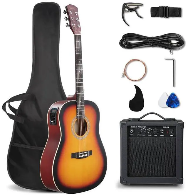 Main image of 41in Full Size Acoustic Electric Guitar Beginner Kit with 15W Amp, 5-band EQ Cutway Design 6 Strings Electric Acoustic Guitar with Bag, Strap, Picks, Strings, Wrench (Sunset, 41in)