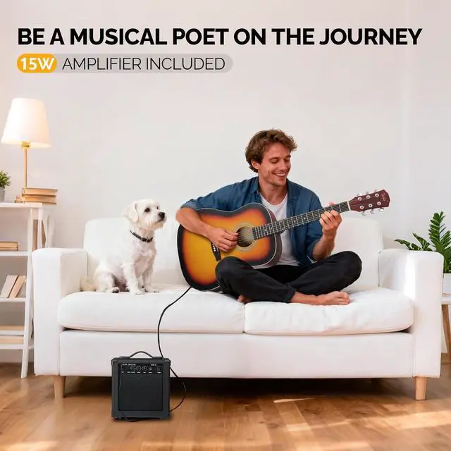 Alt view image 2 of 7 - 41in Full Size Acoustic Electric Guitar Beginner Kit with 15W Amp, 5-band EQ Cutway Design 6 Strings Electric Acoustic Guitar with Bag, Strap, Picks, Strings, Wrench (Sunset, 41in)