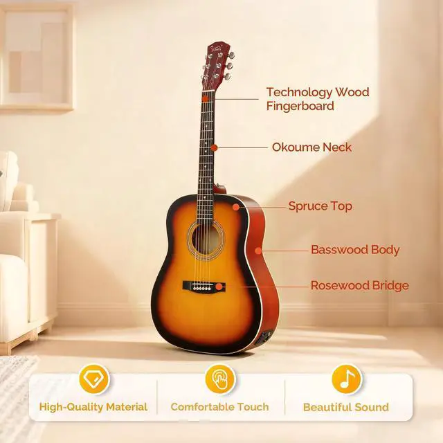 Alt view image 3 of 7 - 41in Full Size Acoustic Electric Guitar Beginner Kit with 15W Amp, 5-band EQ Cutway Design 6 Strings Electric Acoustic Guitar with Bag, Strap, Picks, Strings, Wrench (Sunset, 41in)