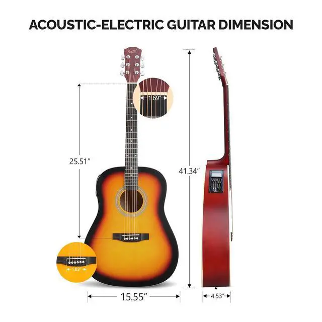Alt view image 6 of 7 - 41in Full Size Acoustic Electric Guitar Beginner Kit with 15W Amp, 5-band EQ Cutway Design 6 Strings Electric Acoustic Guitar with Bag, Strap, Picks, Strings, Wrench (Sunset, 41in)
