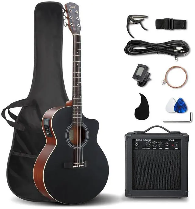 Main image of 41in Full Size Acoustic Electric Guitar Beginner Kit with 15W Amp, 5-band EQ Cutway Design 6 Strings Electric Acoustic Guitar with Bag, Strap, Picks, Strings, Wrench (Black, 41in)