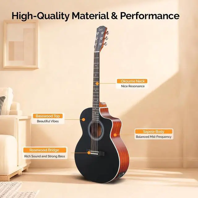 Alt view image 3 of 7 - 41in Full Size Acoustic Electric Guitar Beginner Kit with 15W Amp, 5-band EQ Cutway Design 6 Strings Electric Acoustic Guitar with Bag, Strap, Picks, Strings, Wrench (Black, 41in)