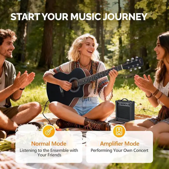 Alt view image 2 of 7 - 41in Full Size Acoustic Electric Guitar Beginner Kit with 15W Amp, 5-band EQ Cutway Design 6 Strings Electric Acoustic Guitar with Bag, Strap, Picks, Strings, Wrench (Black, 41in)