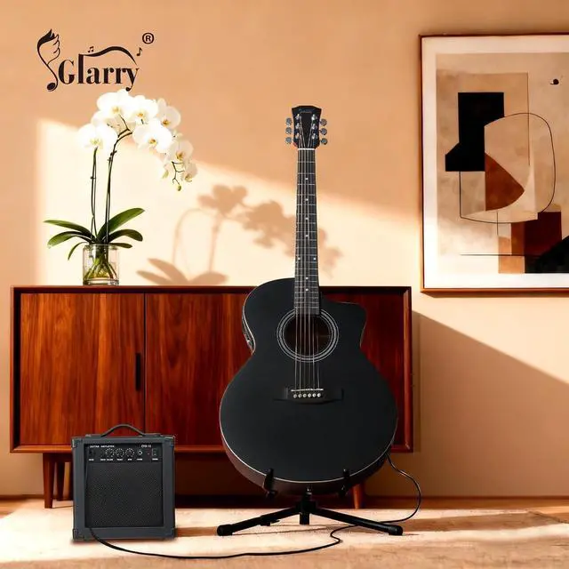 Alt view image 7 of 7 - 41in Full Size Acoustic Electric Guitar Beginner Kit with 15W Amp, 5-band EQ Cutway Design 6 Strings Electric Acoustic Guitar with Bag, Strap, Picks, Strings, Wrench (Black, 41in)