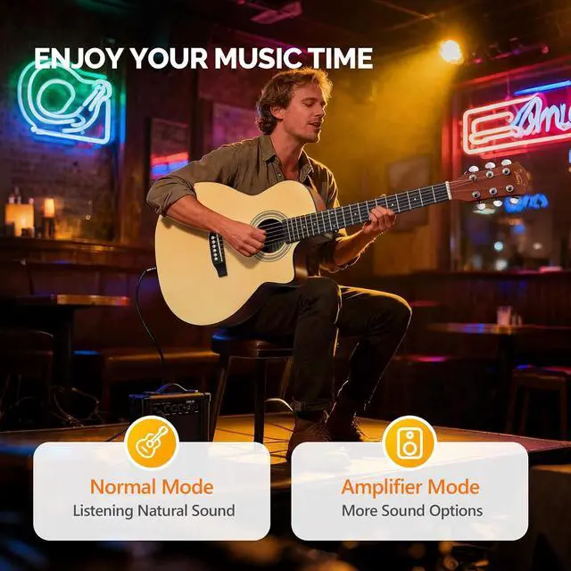 Alt view image 2 of 7 - 36in Acoustic Electric Guitar Beginner Kit with 15W Amp, 5-band EQ Cutway Design 6 Strings Electric Acoustic Guitar with Bag, Strap, Picks, Strings, Wrench (Natural, 36in)