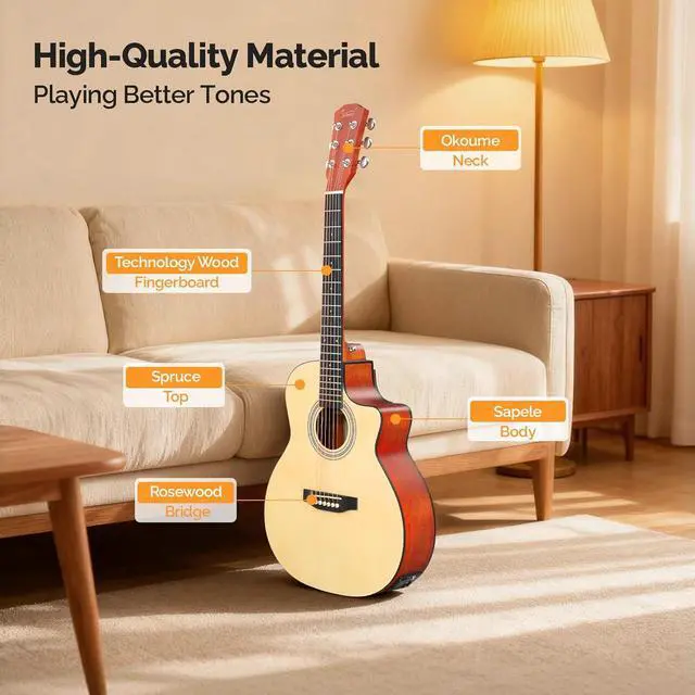 Alt view image 3 of 7 - 36in Acoustic Electric Guitar Beginner Kit with 15W Amp, 5-band EQ Cutway Design 6 Strings Electric Acoustic Guitar with Bag, Strap, Picks, Strings, Wrench (Natural, 36in)