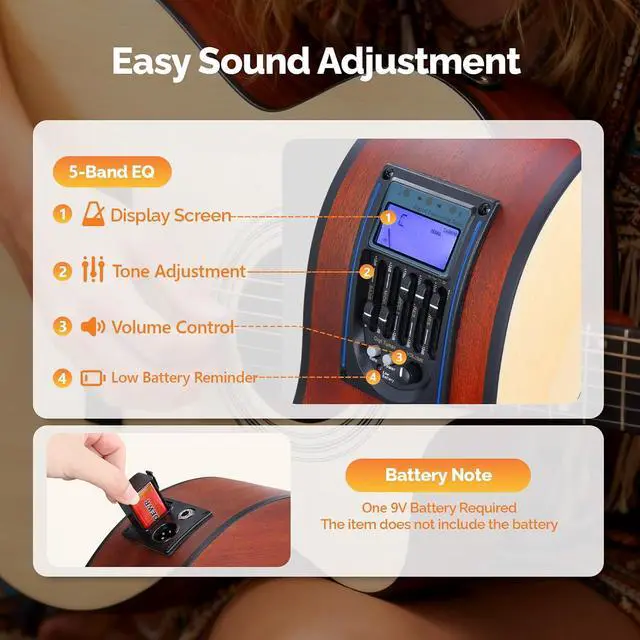 Alt view image 4 of 7 - 36in Acoustic Electric Guitar Beginner Kit with 15W Amp, 5-band EQ Cutway Design 6 Strings Electric Acoustic Guitar with Bag, Strap, Picks, Strings, Wrench (Natural, 36in)