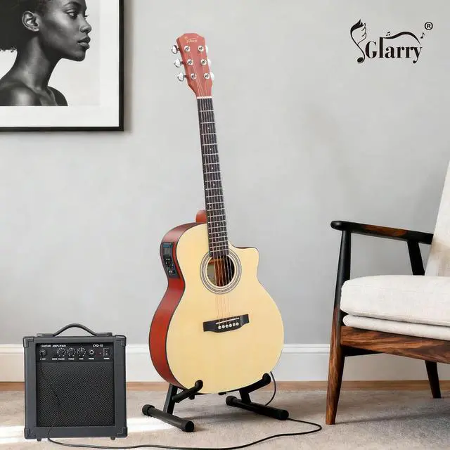 Alt view image 7 of 7 - 36in Acoustic Electric Guitar Beginner Kit with 15W Amp, 5-band EQ Cutway Design 6 Strings Electric Acoustic Guitar with Bag, Strap, Picks, Strings, Wrench (Natural, 36in)