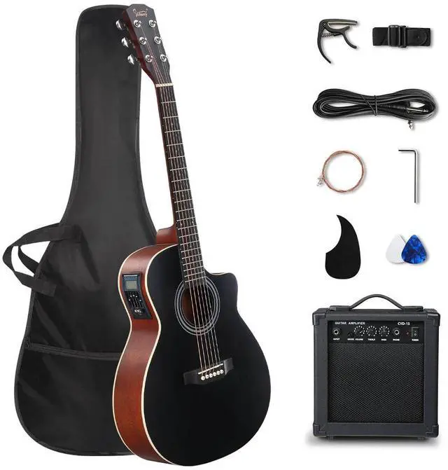 Main image of 36in Full Size Acoustic Electric Guitar Beginner Kit with 15W Amp, 5-band EQ Cutway Design 6 Strings Electric Acoustic Guitar with Bag, Strap, Picks, Strings, Wrench (Black, 36in)