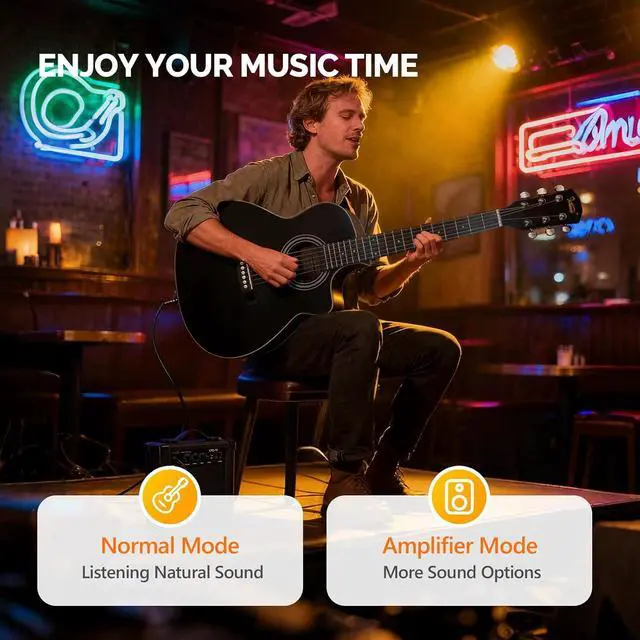 Alt view image 2 of 7 - 36in Full Size Acoustic Electric Guitar Beginner Kit with 15W Amp, 5-band EQ Cutway Design 6 Strings Electric Acoustic Guitar with Bag, Strap, Picks, Strings, Wrench (Black, 36in)
