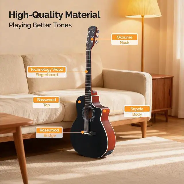 Alt view image 3 of 7 - 36in Full Size Acoustic Electric Guitar Beginner Kit with 15W Amp, 5-band EQ Cutway Design 6 Strings Electric Acoustic Guitar with Bag, Strap, Picks, Strings, Wrench (Black, 36in)