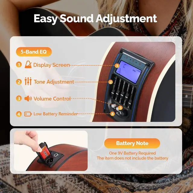 Alt view image 4 of 7 - 36in Full Size Acoustic Electric Guitar Beginner Kit with 15W Amp, 5-band EQ Cutway Design 6 Strings Electric Acoustic Guitar with Bag, Strap, Picks, Strings, Wrench (Black, 36in)